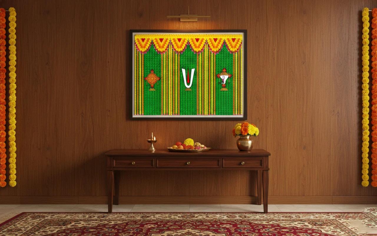 Sri Yagnaa Shanku Chakra Namalu Backdrop (5x8 Ft) for Festivals & Home Décor