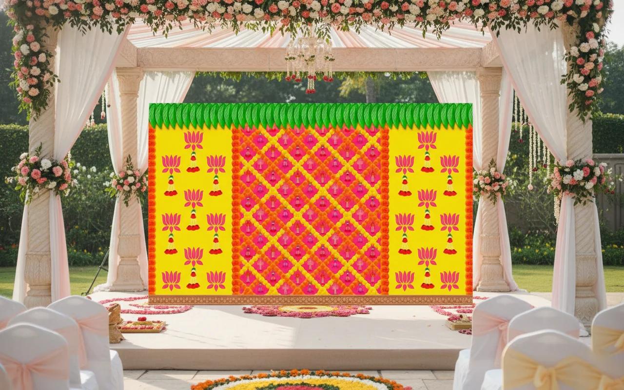 Sri Yagnaa Elegant Yellow Lotus Flower Hanging Backdrop with Green Thoran (5x8 Ft)