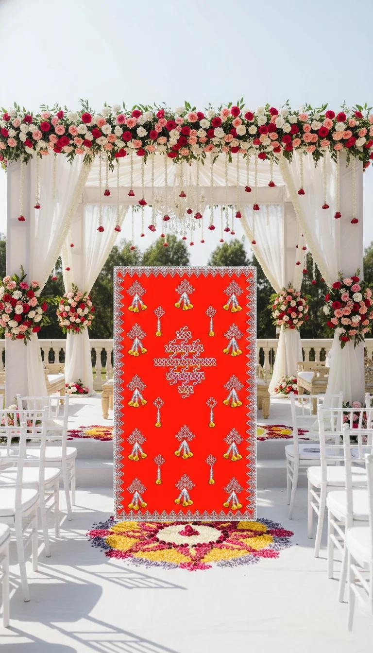 Sri Yagnaa Elegant Red Muggu Design with Flower Hangings Backdrop (5x8 Ft)