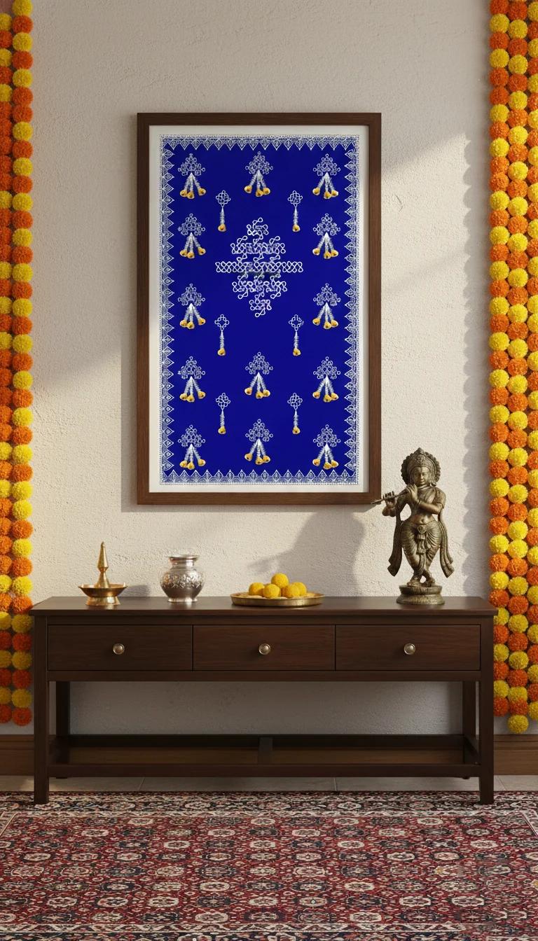 Sri Yagnaa Elegant Blue Muggu Design with Flower Hanging Backdrop (5x8 Ft)