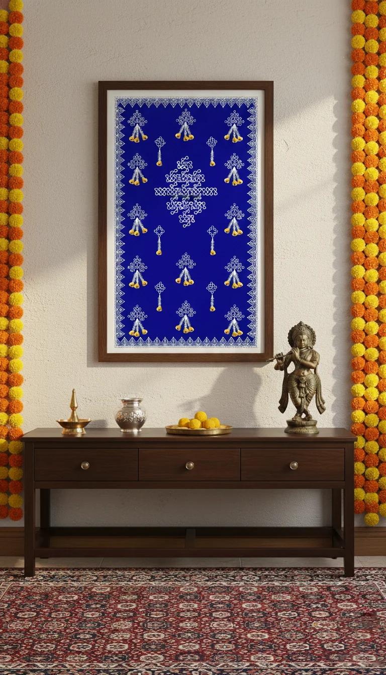 Sri Yagnaa Teal Blue Muggu Backdrop with Floral Design (4x8 Ft) for Spiritual & Festival Settings