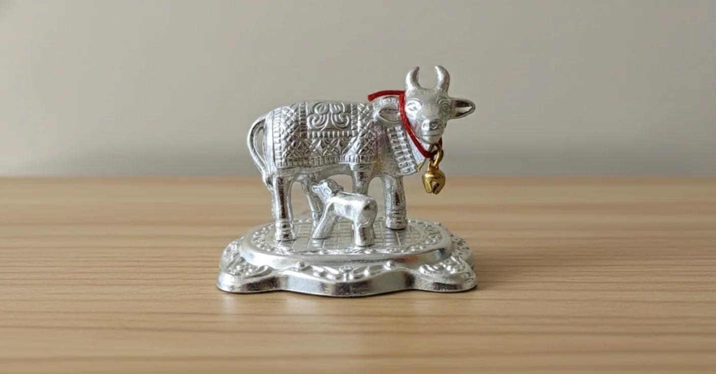 Sri Yagnaa Traditional German Silver Cow Calf Statue for Religious Pooja