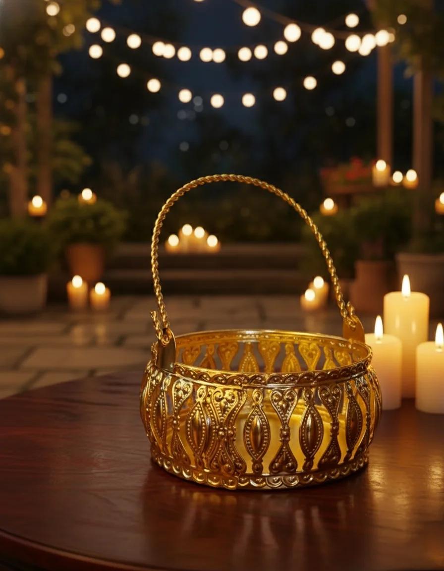 VPH Gift Store Gold Flower Basket for Temple Use & Religious Celebrations