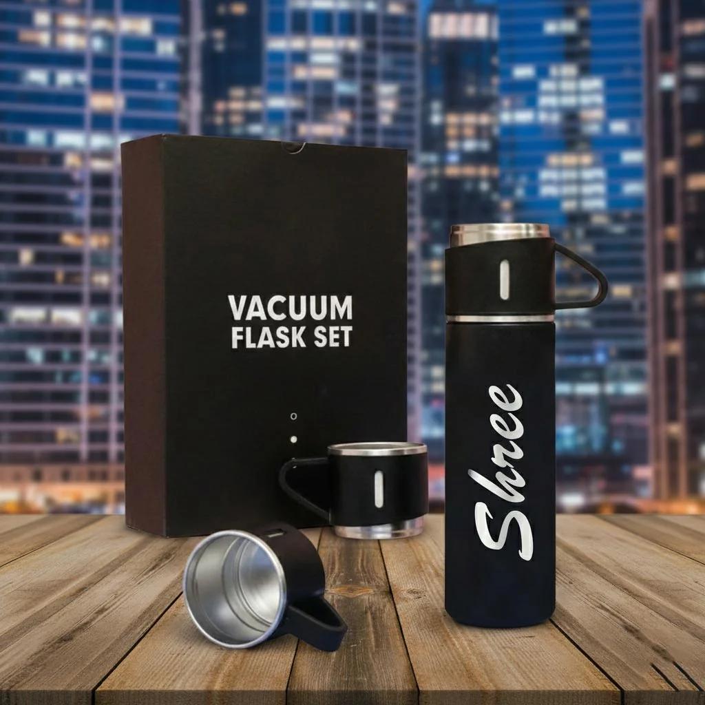 Custom Engraved Flask Set with Two Cups for Hot and Cold Drinks