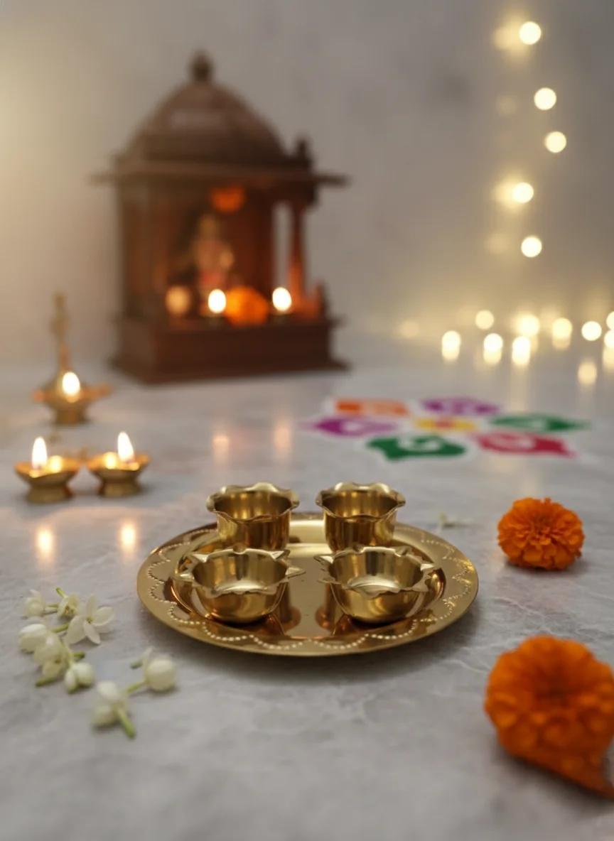 VPH Gift Store Elegant Brass Pooja Plate for Temple Pooja & Spiritual Rituals