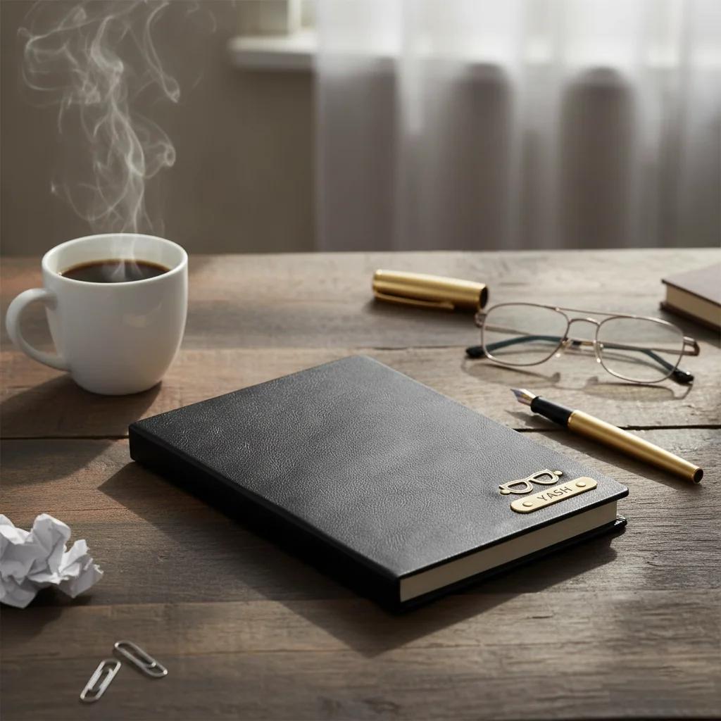 Zpics Elegant Black Personalised Leather Diary with Name and Charm for Diwali