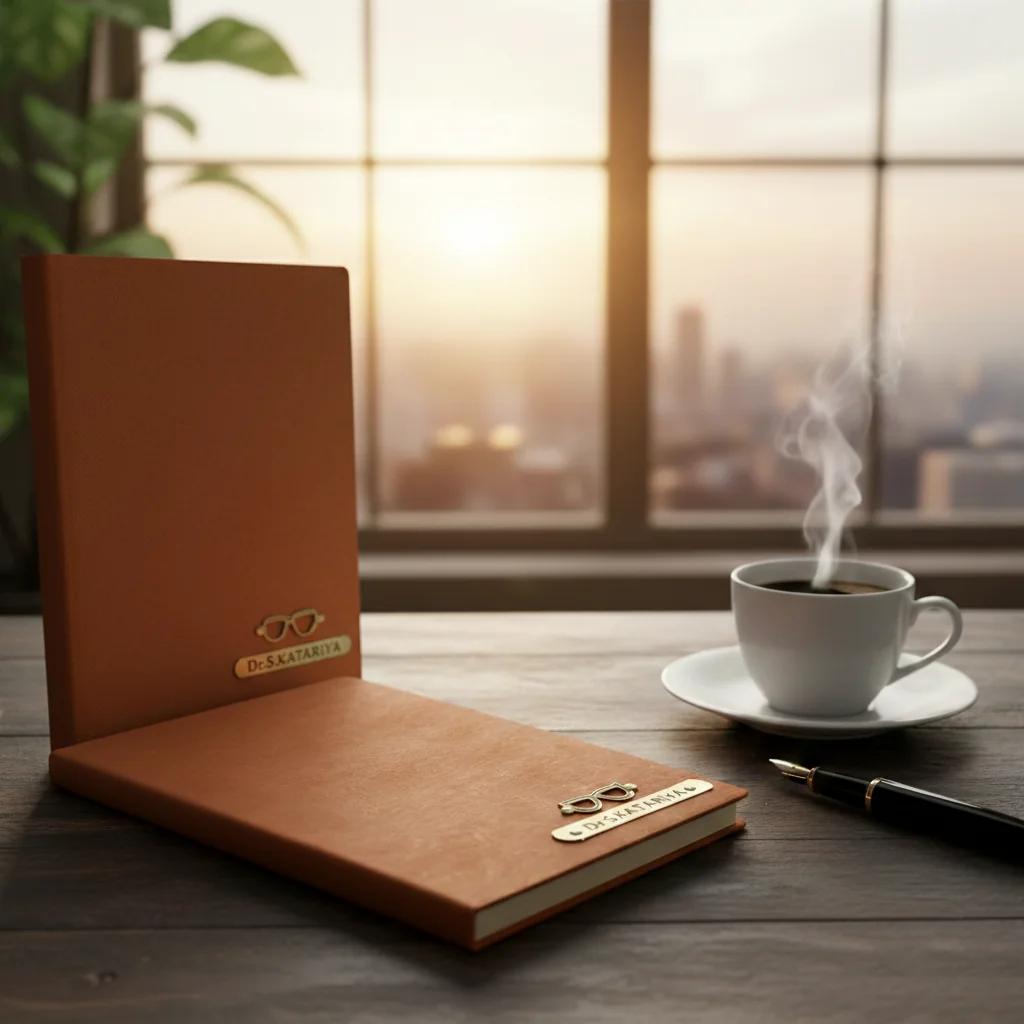 Zpics Tan Leather Hard Cover Diary with Personalised Name and Charm for Diwali