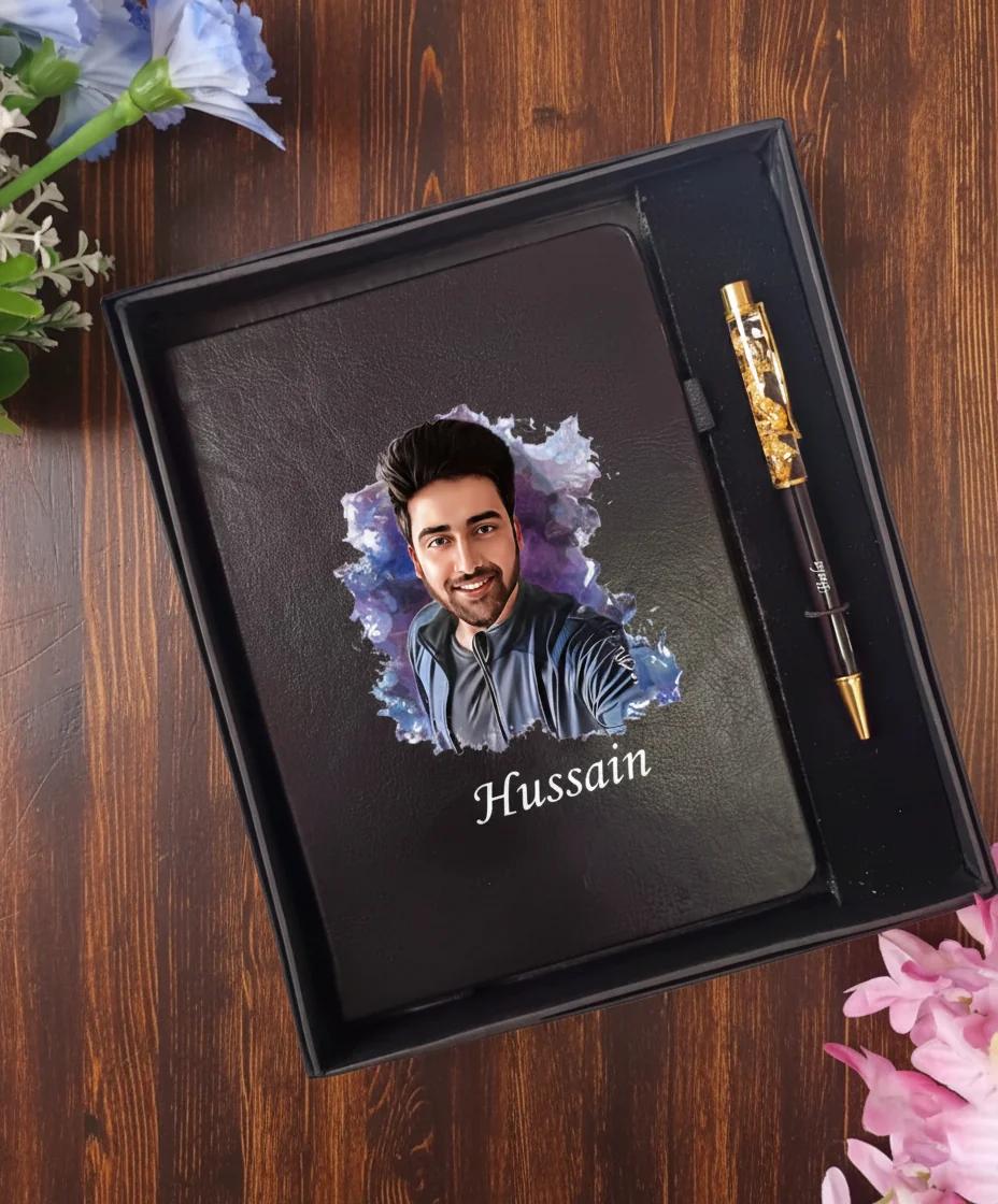 Zpics Black Personalised Photo Diary with Name Engraved Pen Gift Set