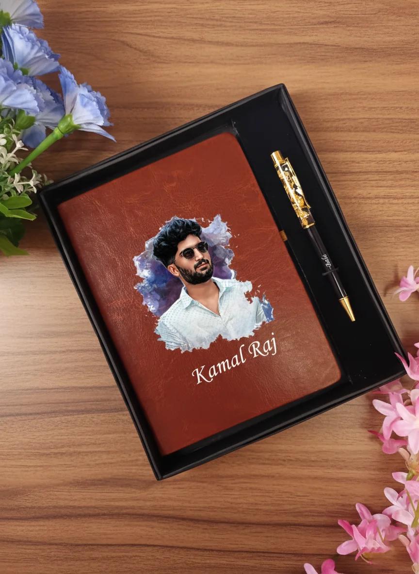 Zpics Brown Personalised Photo Diary with Name Engraved Pen Gift Combo