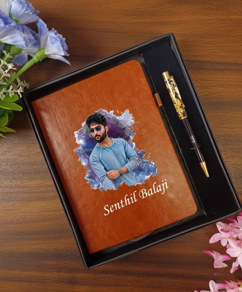 Zpics Tan Personalised Photo Diary with Custom Name Engraved Pen