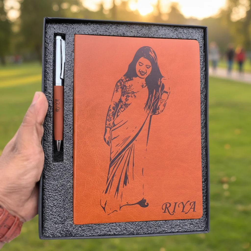 Zpics Brown Personalised Photo Diary with Custom Name Engraved Pen