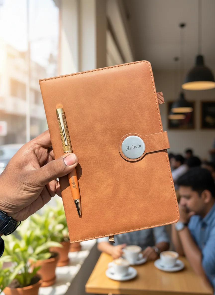 Zpics Brown Magnetic Closure Diary with Custom Pen Gift