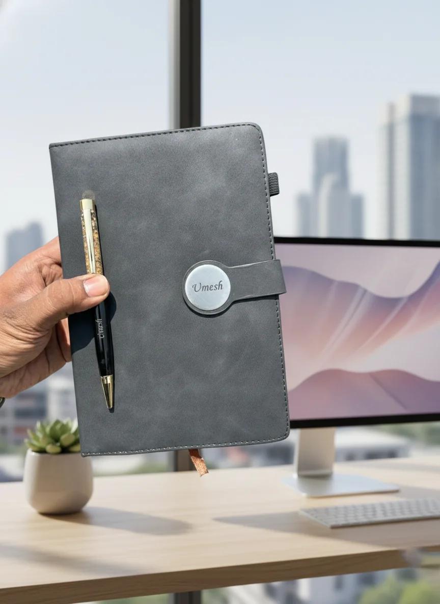 Zpics Black Magnetic Closure Diary with Engraved Pen