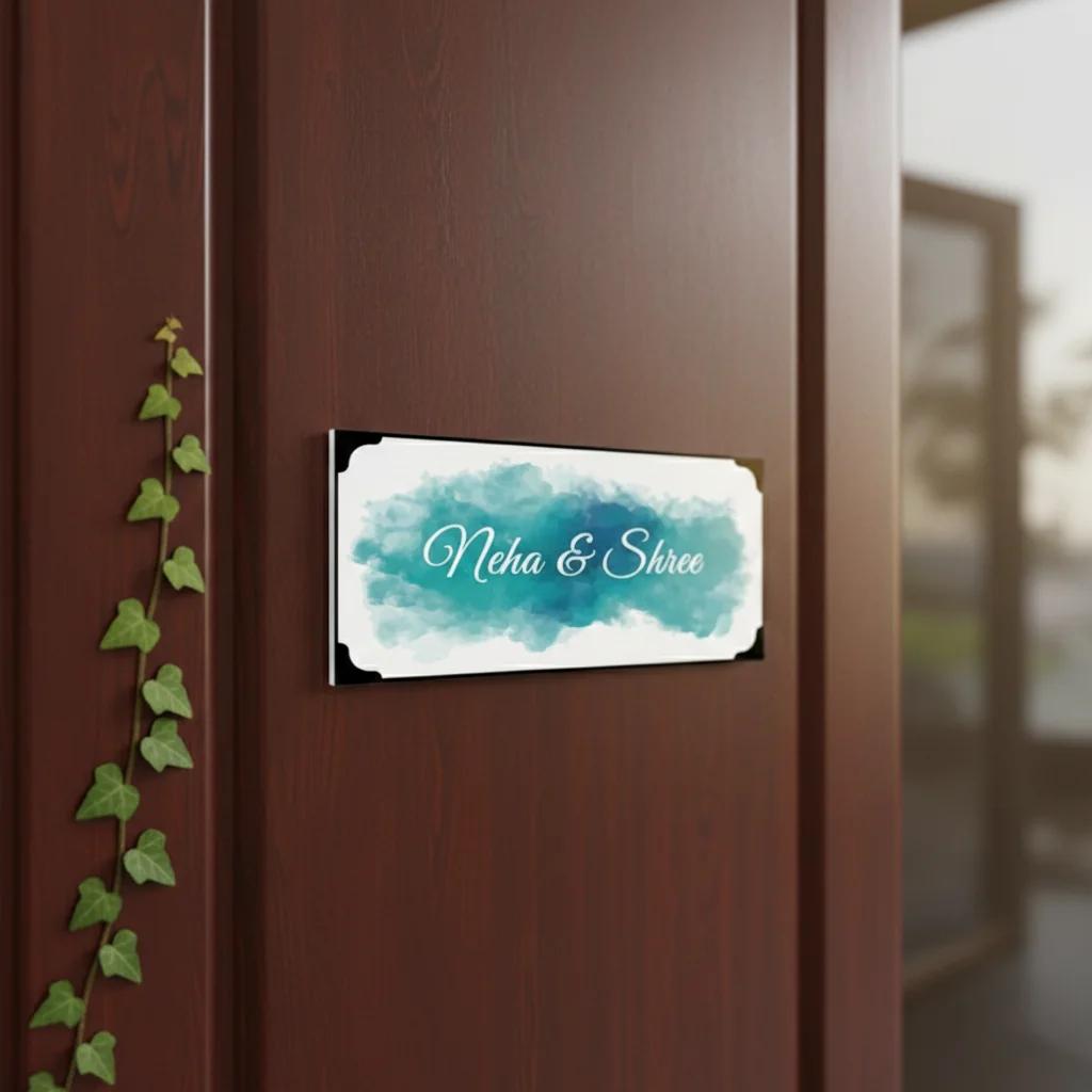 Zpics Custom Blue Watercolor Name Plate for Home Entrance