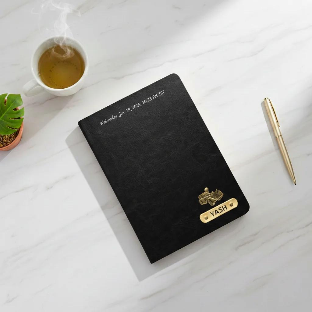 MH Decors Black Personalised Name and Charm Leather Hard Cover Diary for Diwali Gift