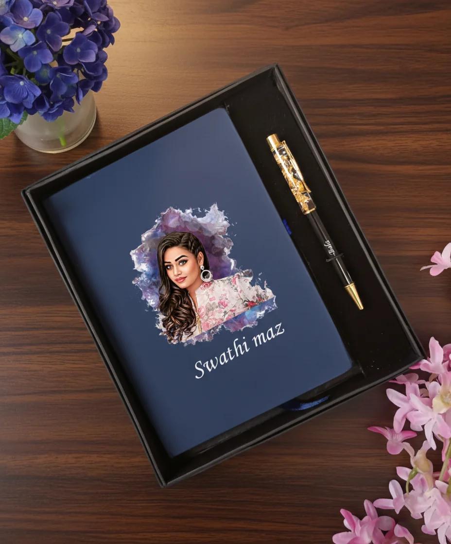 MH Decors Premium Blue Personalised Engraving Photo Diary with Pen Gift Set