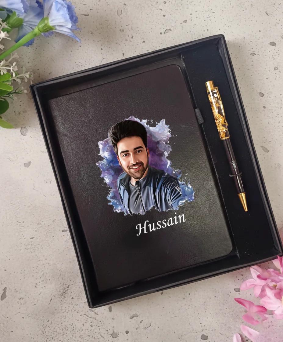 MH Decors Black Personalised Photo Diary with Engraved Name Pen Gift Set