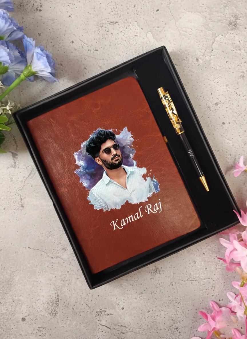 MH Decors Brown Personalised Engraving Photo Diary with Name Engraving Pen Gift Set