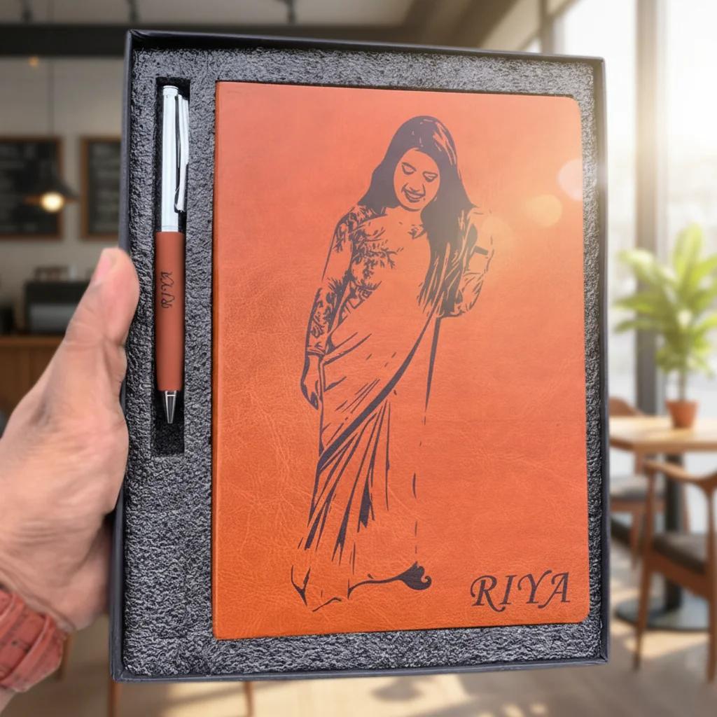 MH Decors Custom Brown Photo Diary with Name Engraving Pen Gift Set
