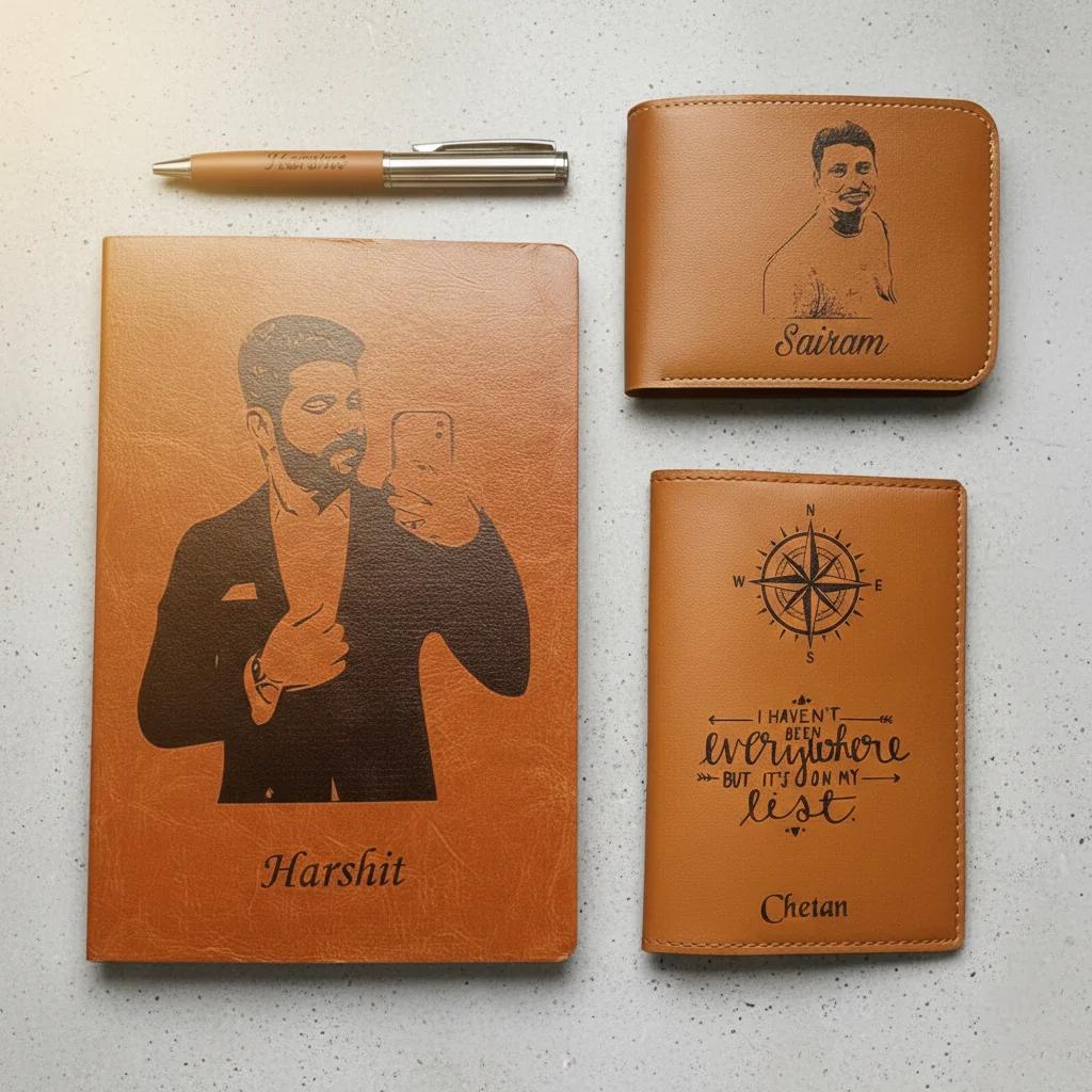 MH Decors Tan Colour Personalized Premium Diary, Wallet and Pen Set for Men