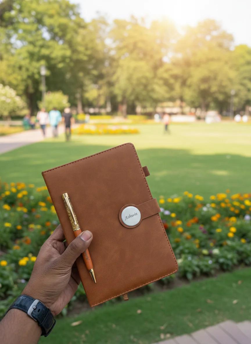 MH Decors Brown Personalised Round Magnetic Diary with Pen Gift for Birthday