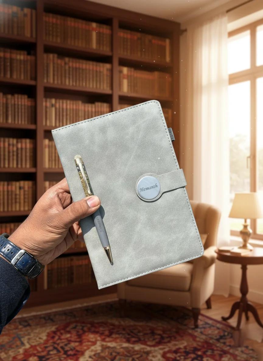 MH Decors Custom Grey Round Magnetic Diary with Pen for Birthday Celebration