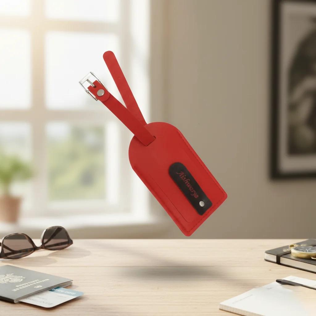 MH Decors Custom Engraved Red PU Leather Travel Tag for Luggage Identification