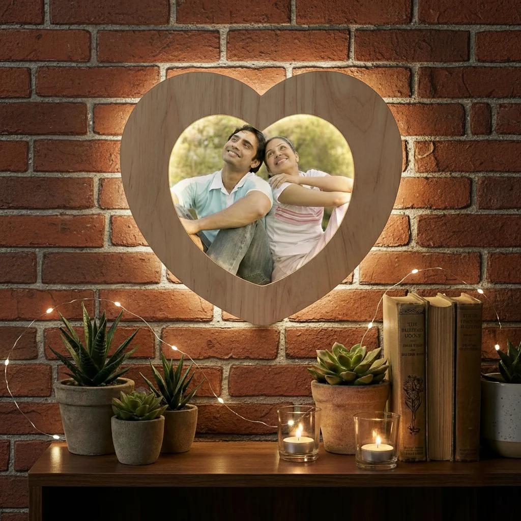MH Decors Custom Wooden Heart LED Photo Frame for Girlfriend or Wife