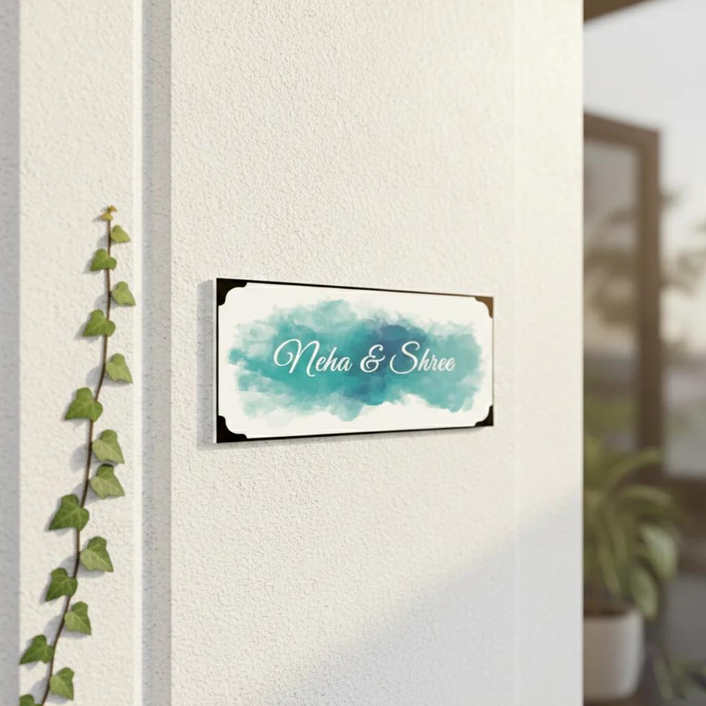 MH Decors Elegant Blue Water Colour Name Plate for Personalized Home Decor