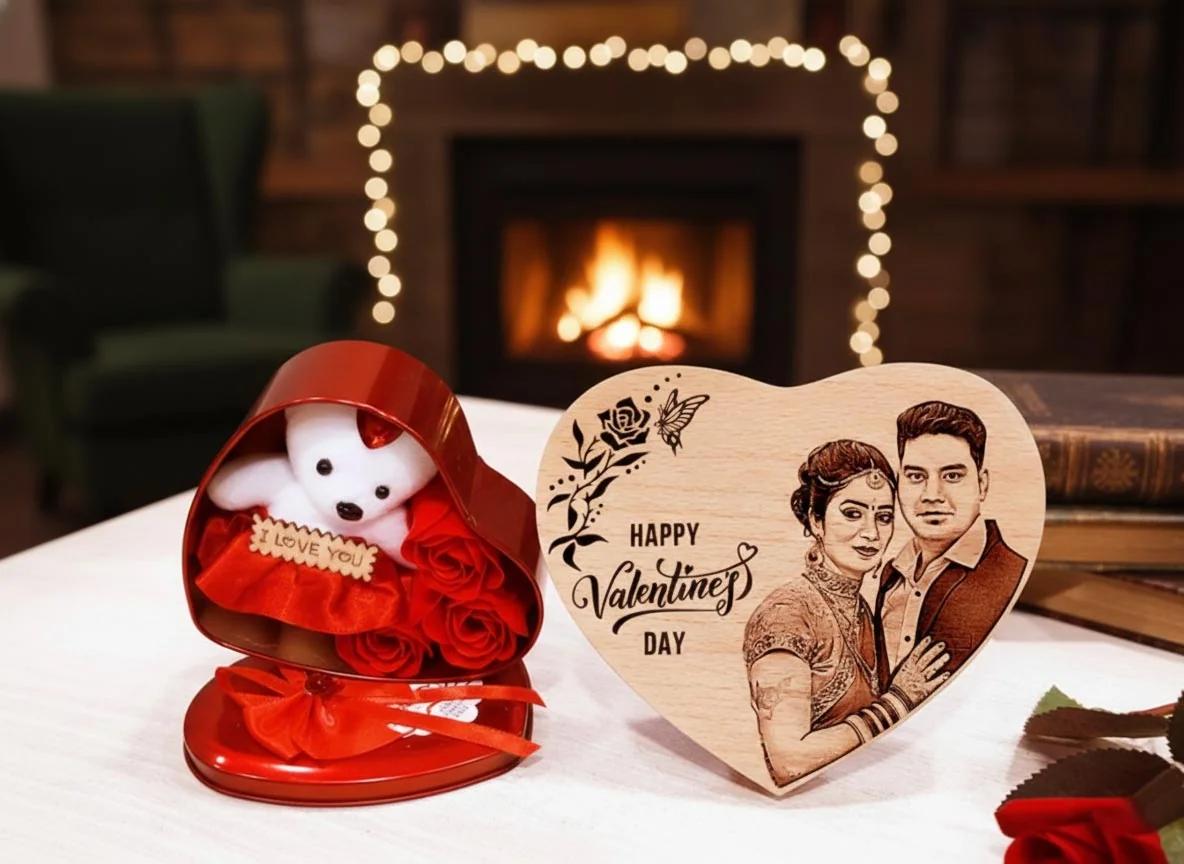 Zpics Personalized Valentine’s Day Gift Combo Photo Frame and Teddy Bear Box