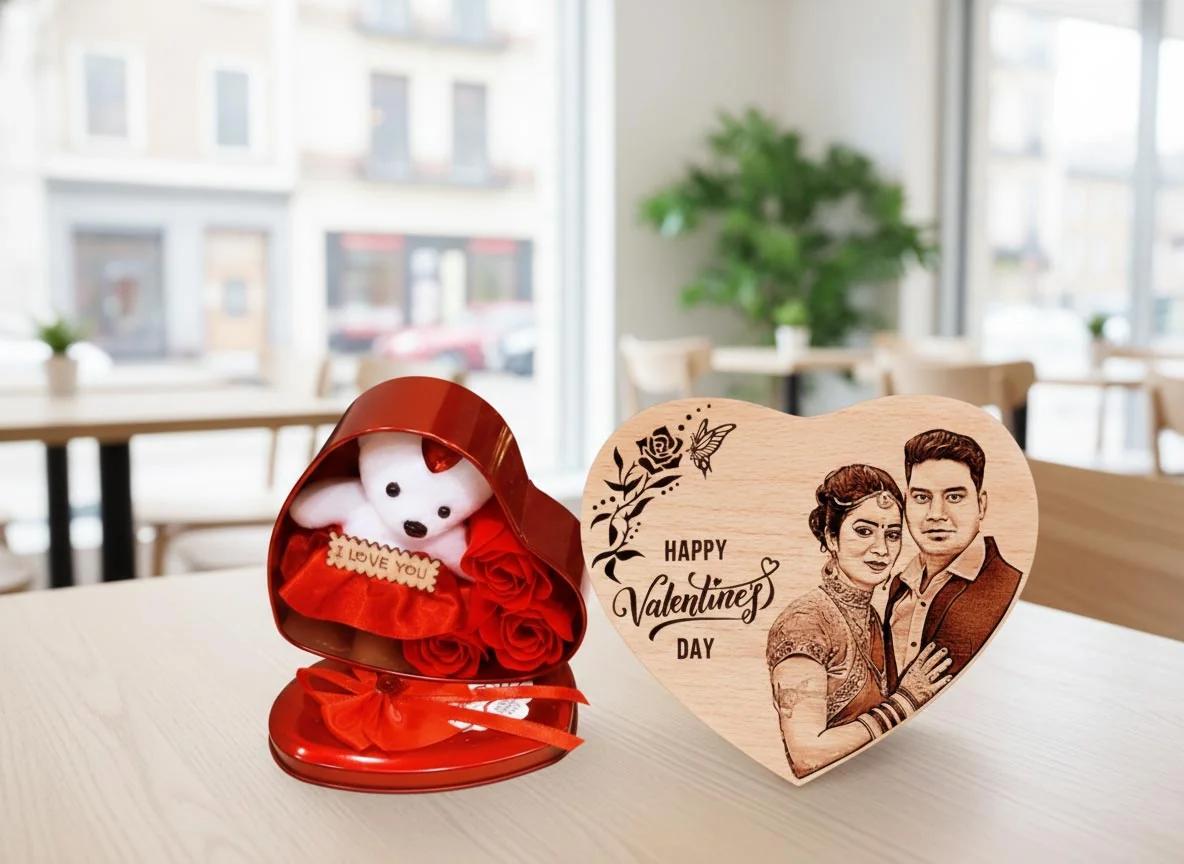 MH Decors Personalized Valentine’s Day Combo with Photo Frame and Teddy Bear Box
