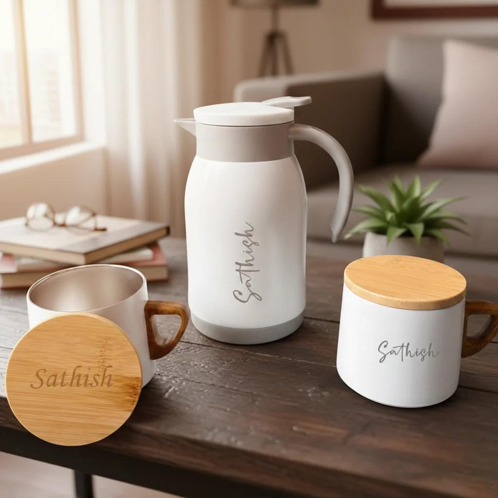 Zpics Special Diwali Gift Stainless Steel Kettle and Mug Set White Colour