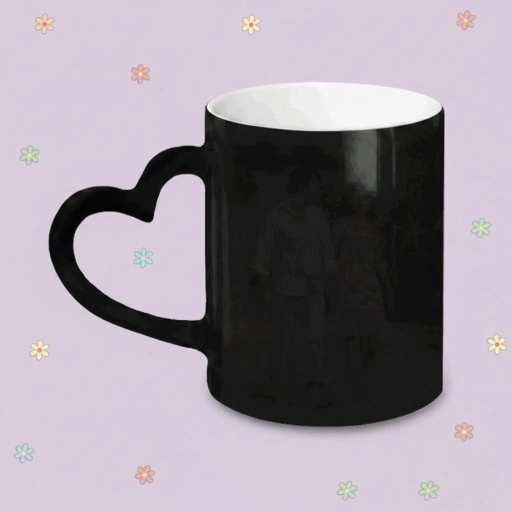 MH Decors Custom Heart Shaped Heat Sensitive Coffee Mug Wrap Around Photo Gift