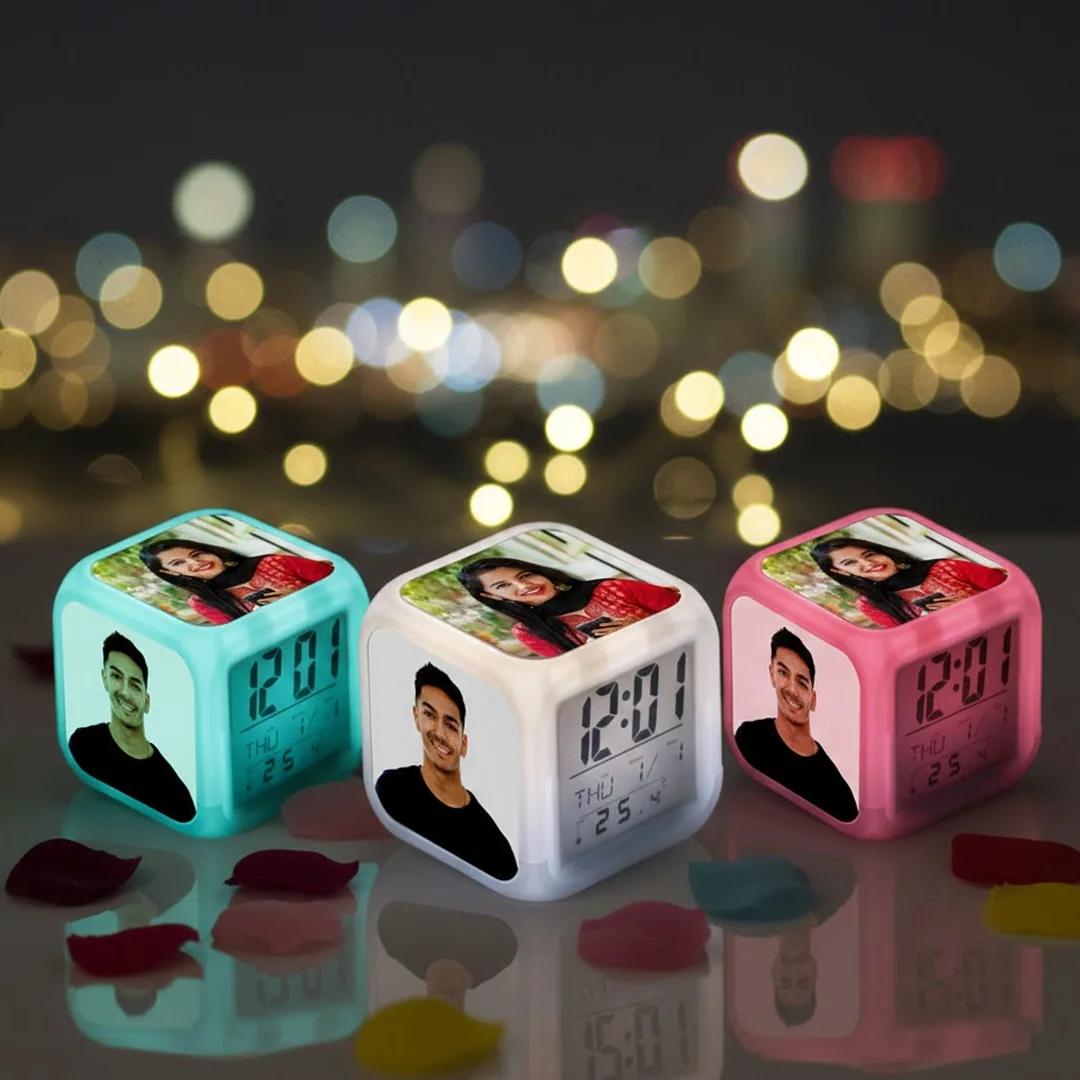 Zpics Custom LED Digital Photo Alarm Clock 8x8x8 Inches Tabletop Gift with 4 Photos