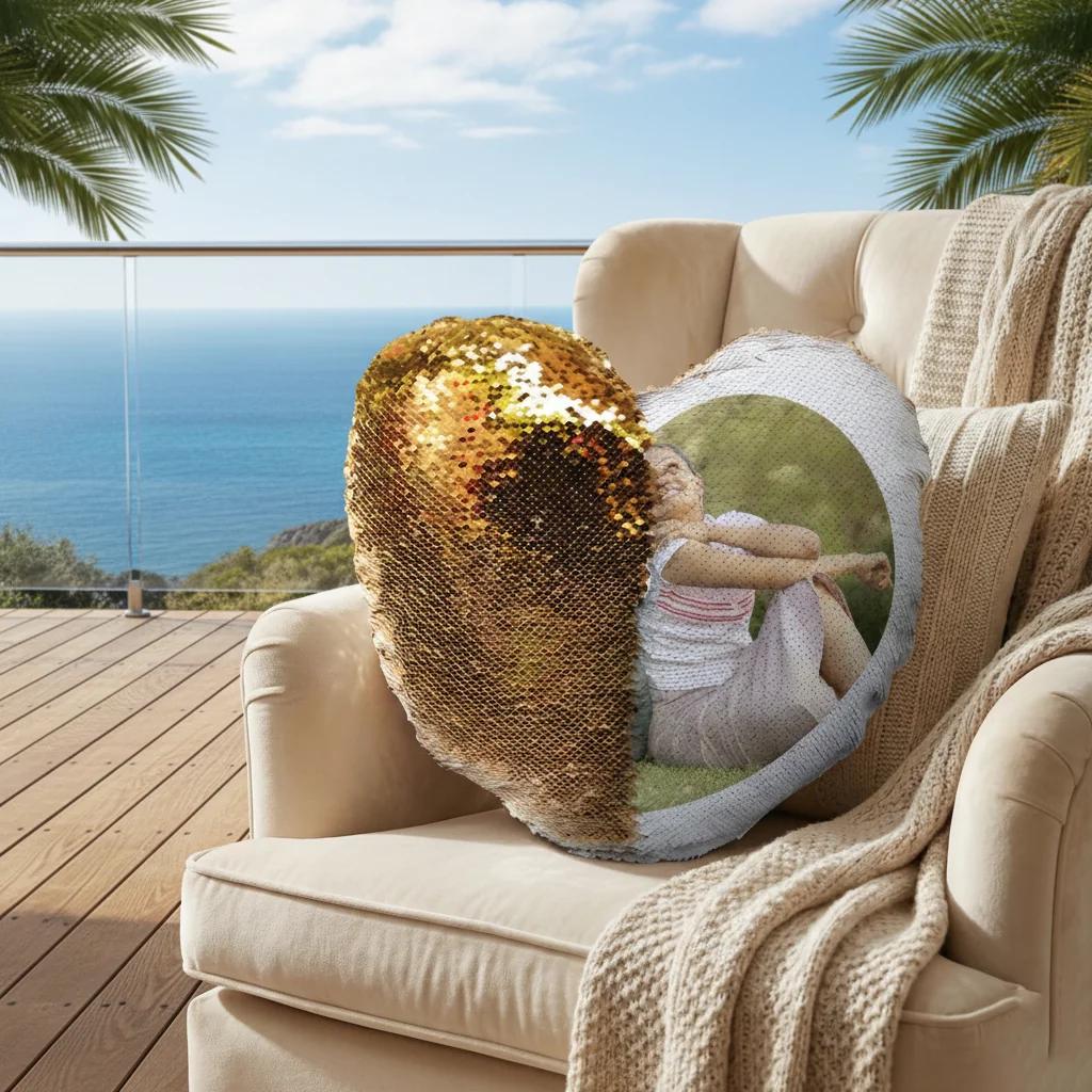 Zpics Gold Heart Shaped Magic Photo Pillow 15x15 with 3 Sides Printing for All Occasions