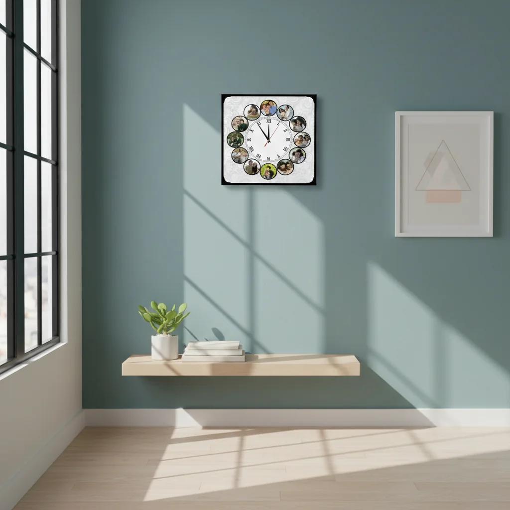 MH Decors Personalized 12-Photo Circular Table Clock 10x10 Inch Perfect Keepsake