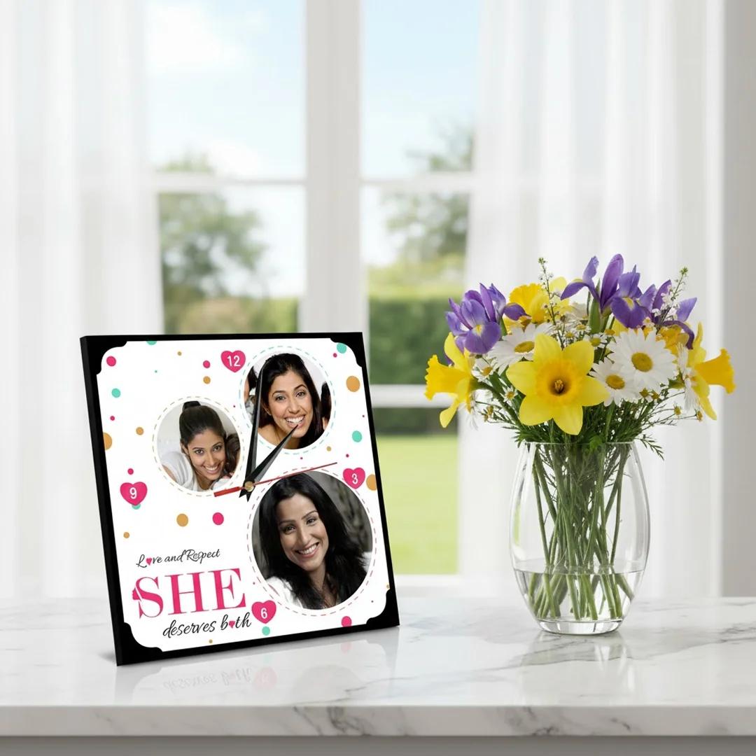MH Decors Customizable Desktop/Table Clock 10x10 Inch for Women's Day Celebration