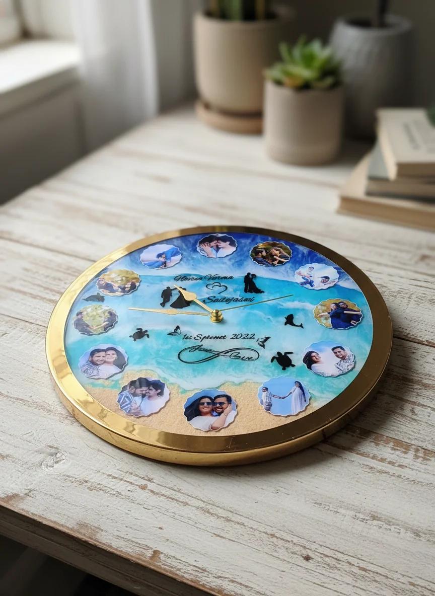 MH Decors Romantic 14 Inch Wall Clock Personalized 13 Photos Unique Gift for Couples