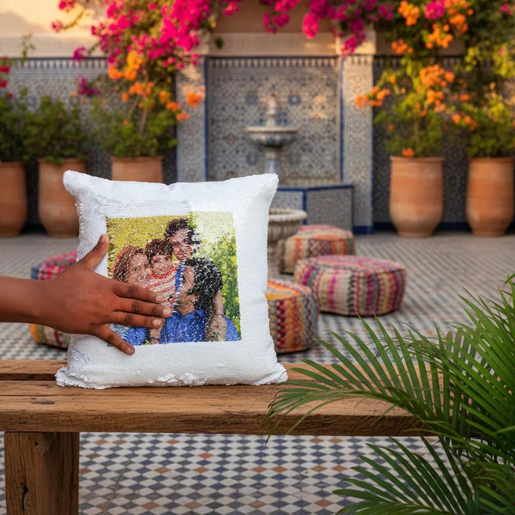 MH Decors Square Magic Photo Pillow 15x15 Inch Gold Color 2 Photos Personalized