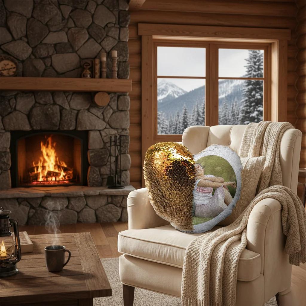 MH Decors Heart Shaped Magic Photo Pillow Gold Color 15x15 Inch 2 Photos Personalized