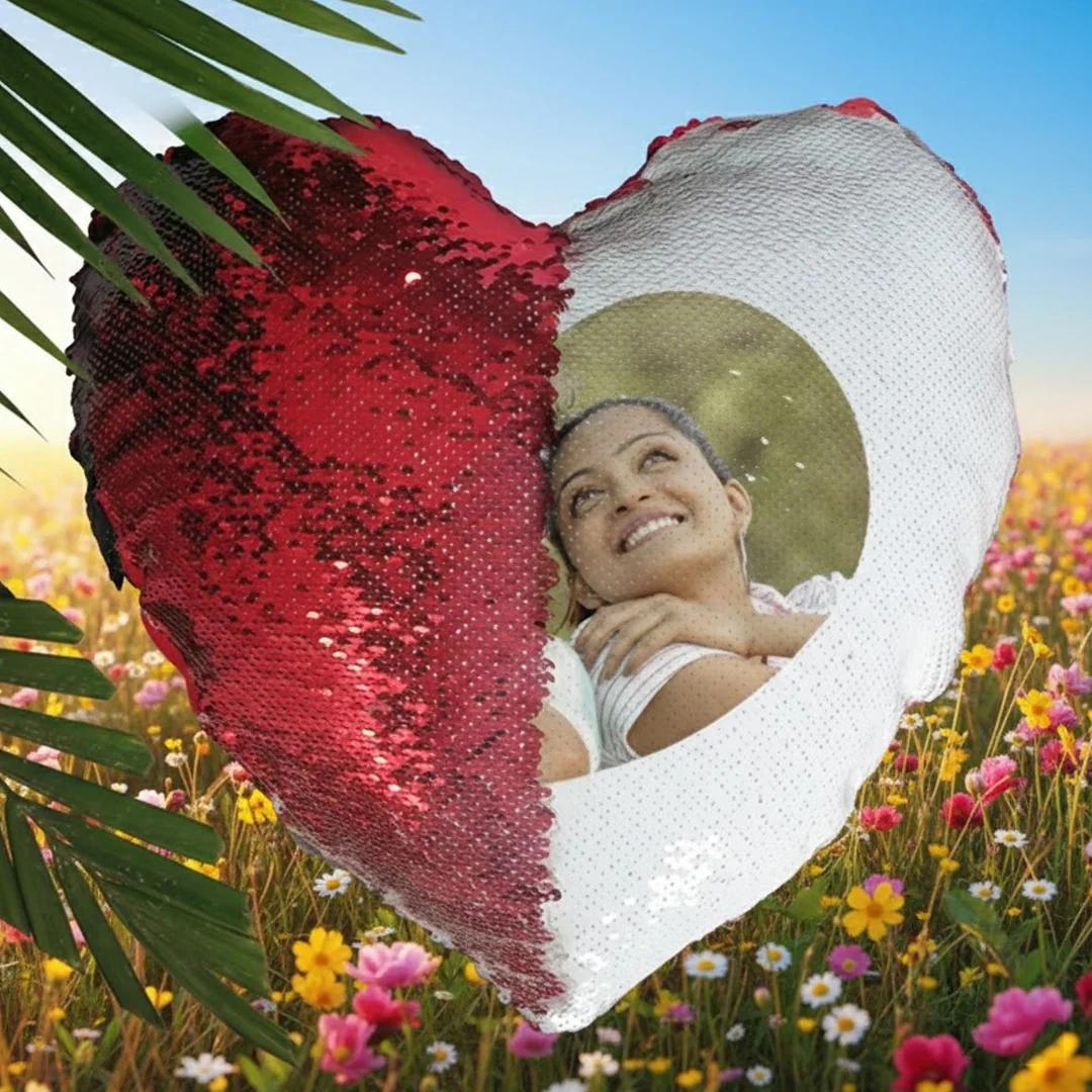 MH Decors Red Heart Shaped Magic Photo Pillow 2 Photos Personalized Gift for Wife