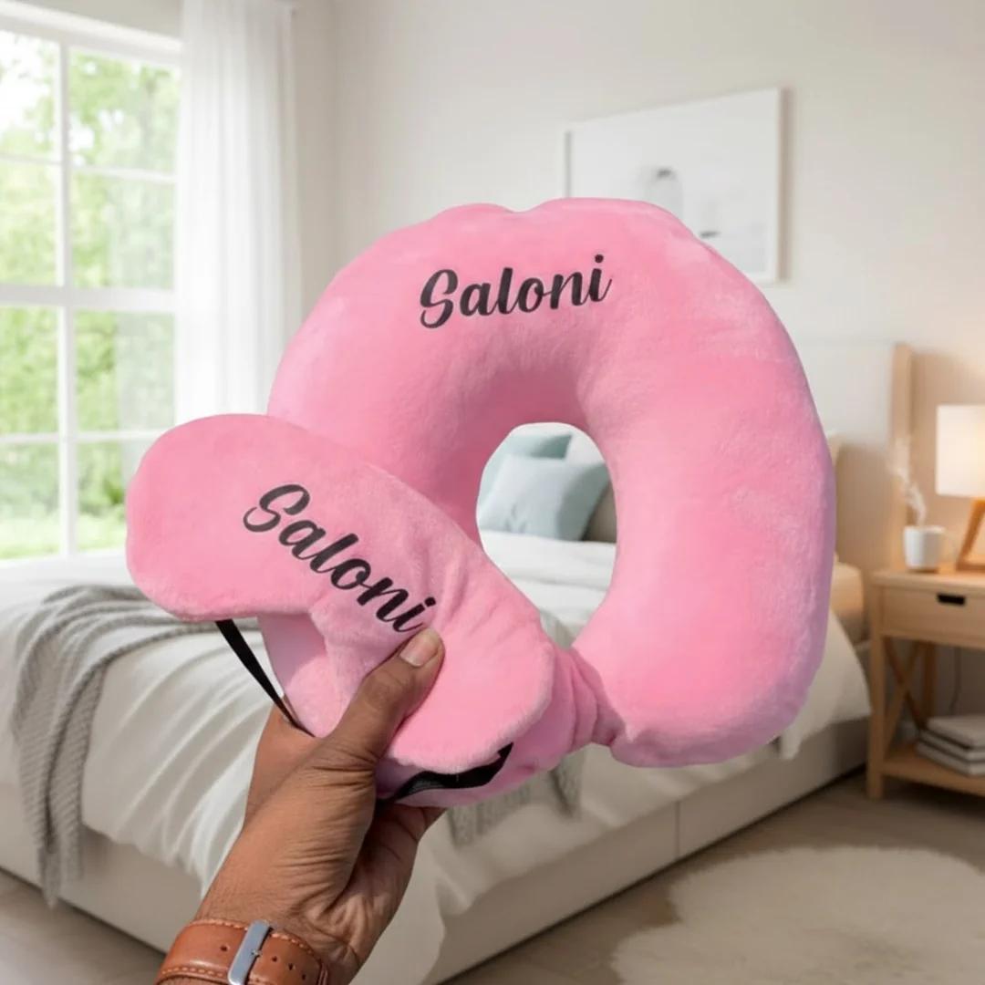 MH Decors Travel Neck Pillow Red Color Personalized with Eye Mask for Travelers