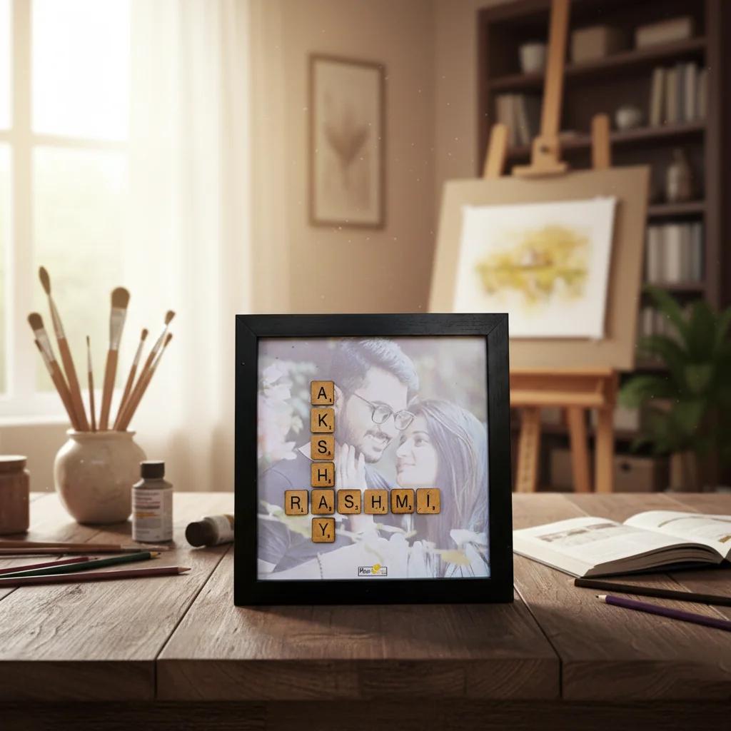 MH Decors Love Doodle Artwork with Names in Scrabble Letters and Picture