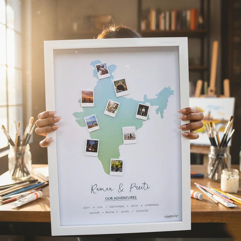 MH Decors Personalized Map Frame with Polaroids of Your Special Places