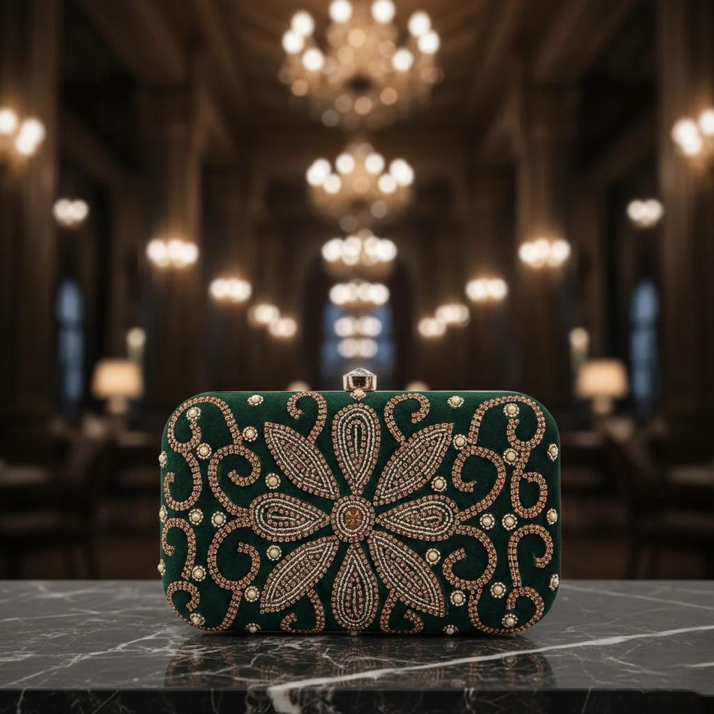 Value Gifts Women’s Phthalo Green Wedding Clutch with Golden Embroidery