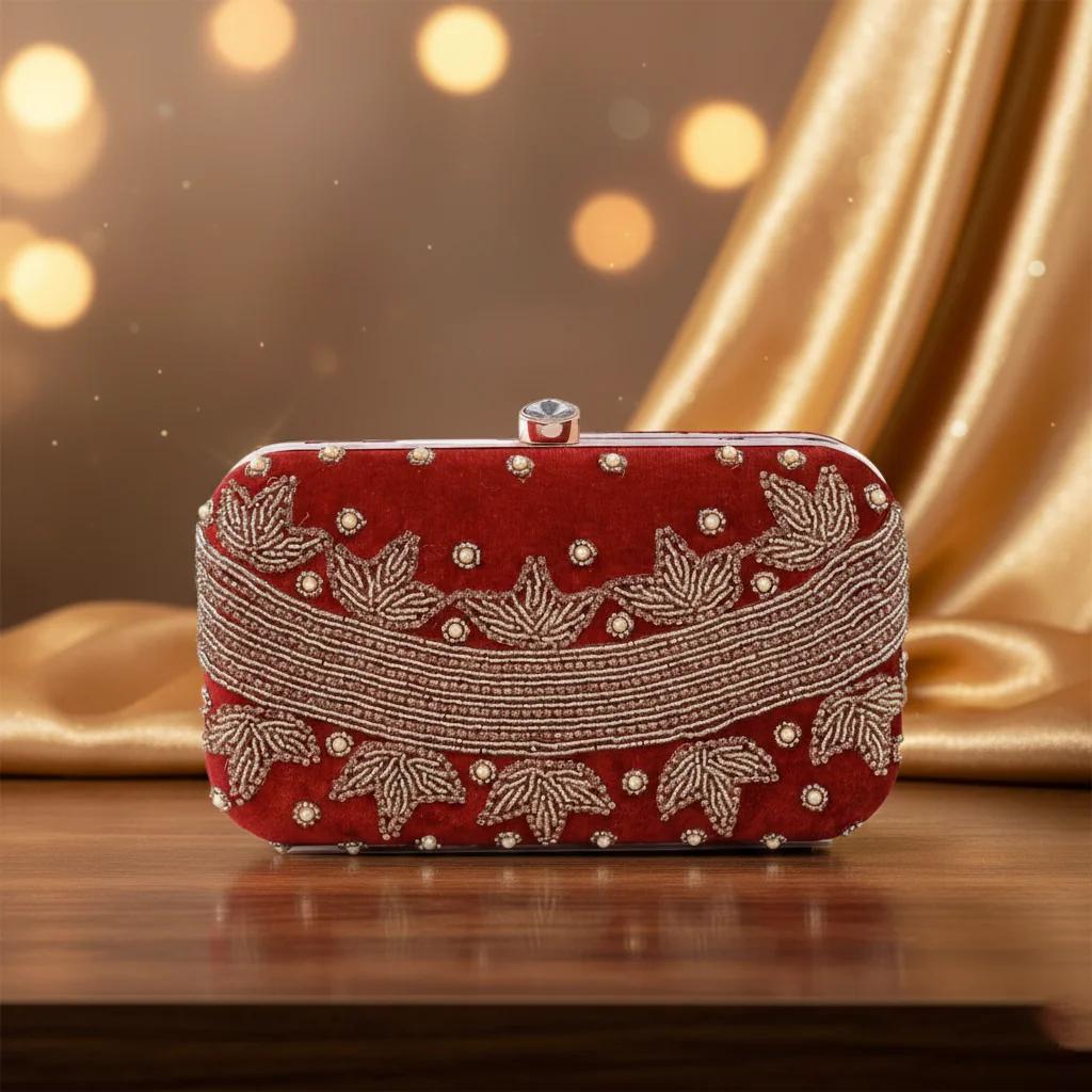 Value Gifts Women’s Dark Burgundy Wedding Clutch with Golden Embroidery