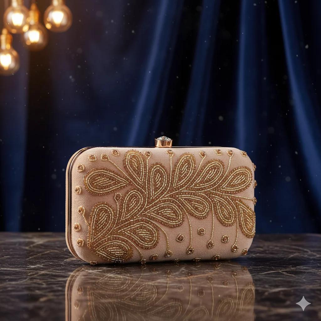 Value Gifts Women’s Pale Taupe Wedding Clutch with Golden Embroidery