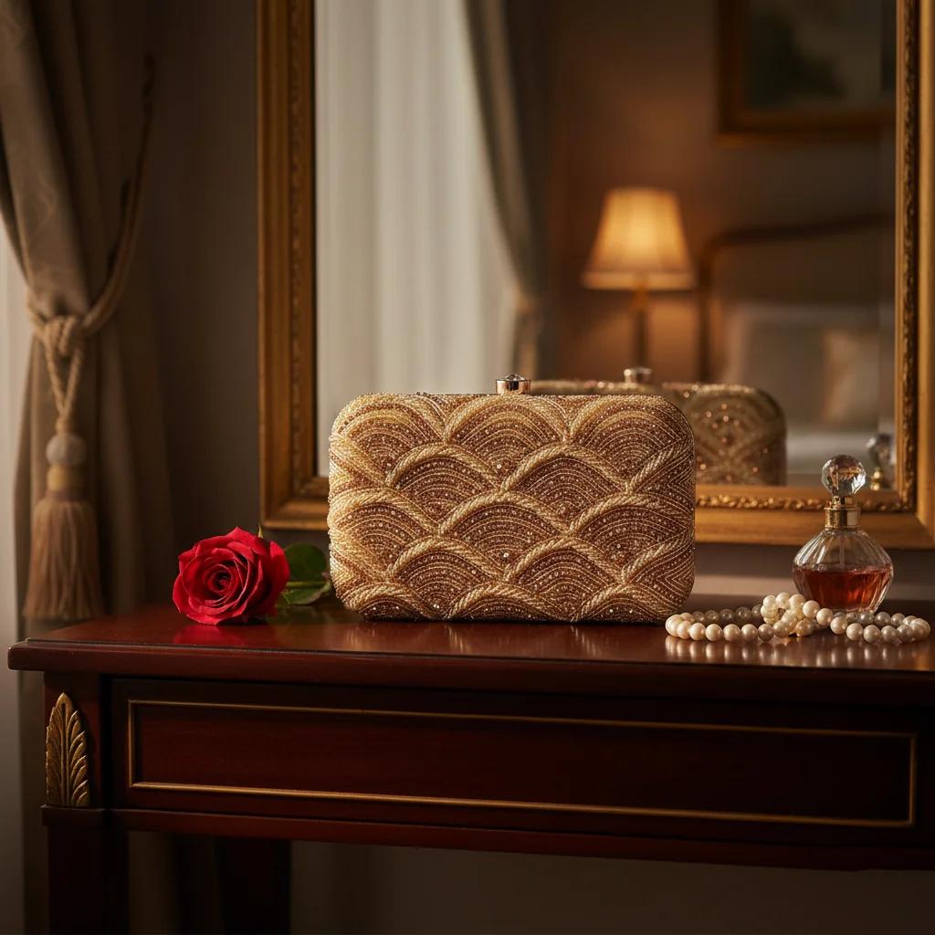 Value Gifts Women’s Gold Clutch Purse with Brown Bear Embellishment