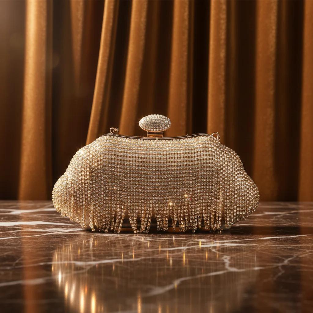 Value Gifts Women’s Crystal Tassels Antique Brass Gold Clutch Purse