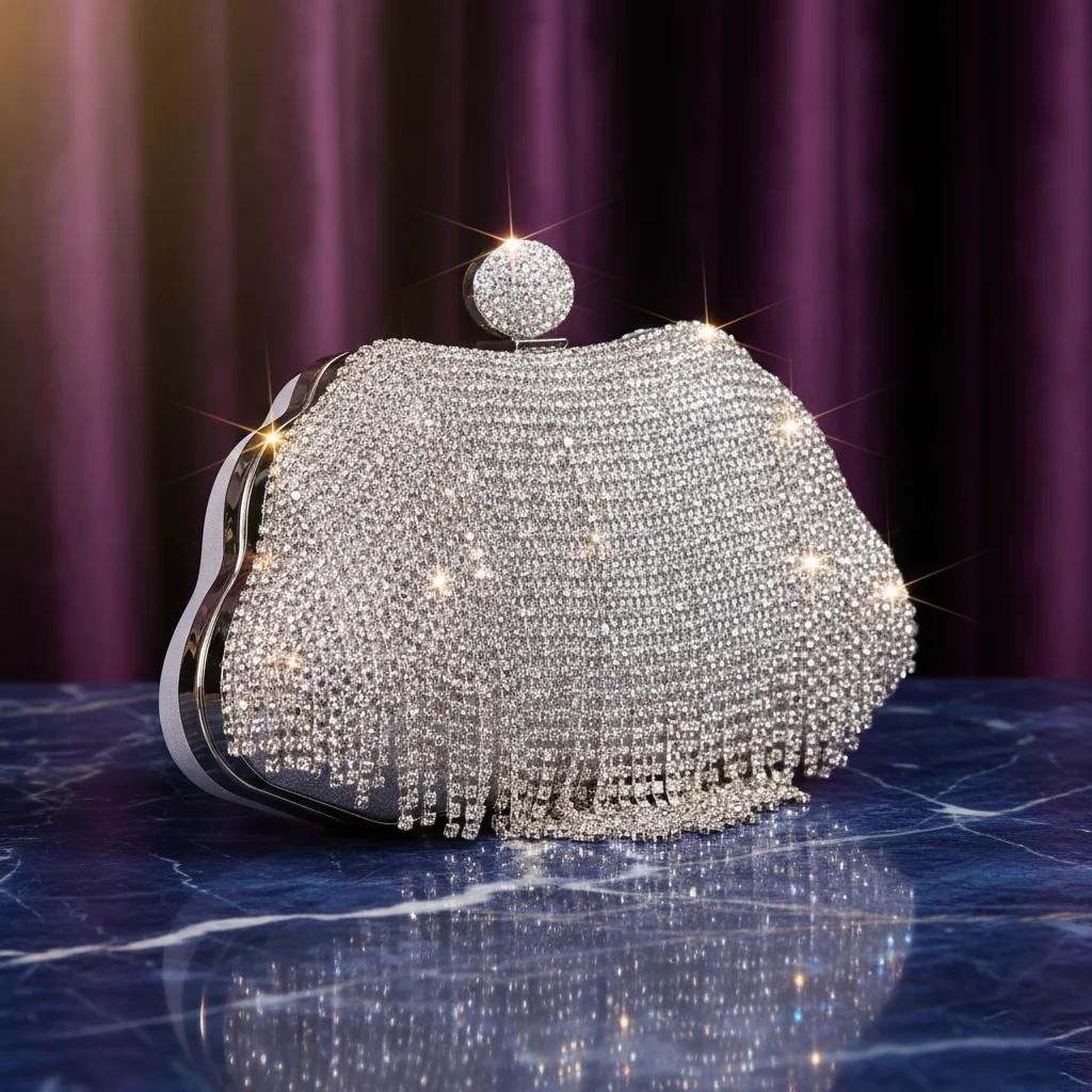 Value Gifts Women’s Silver Chalice Clutch with Intricate Crystal Tassels